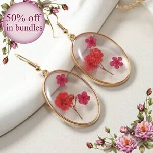 Bohemian Style Real Dry Flowers & Red Starry Sky & Pink Flower Earrings